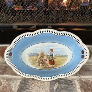 Schumann Bavaria Reticulated Porcelain Bowl Blue Gold Gilt Harvest Scene
